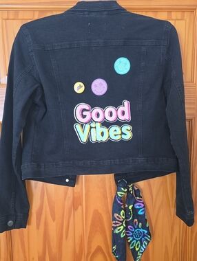 Good Vibes Black Kids Denim Jacket with Colorful Patchwork